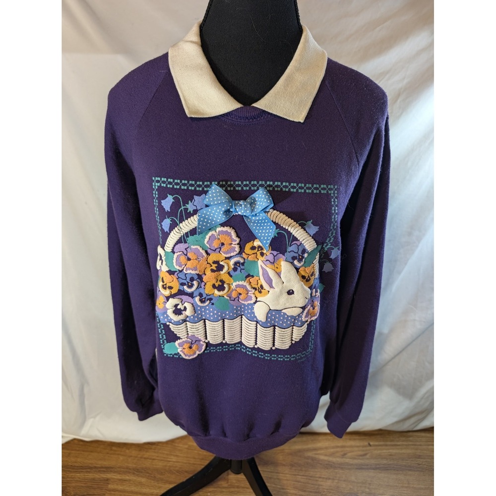 Vtge Pegi Goff Size M Purple Puff Graphic Bunny Basket Pansies Cottagecore